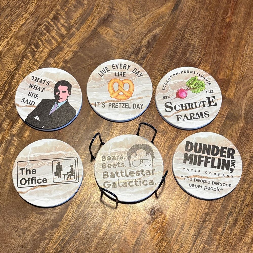6 PCS ceramic/cork coasters - The OFFICE tv show themed with wire holder